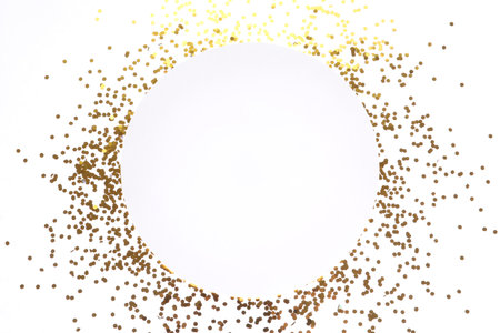 Frame made of bright confetti on white background, top view. Space for textの写真素材
