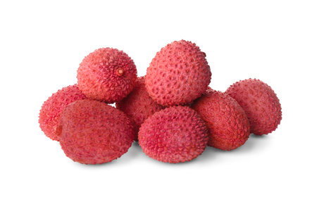 Pile of fresh ripe lychees on white backgroundの写真素材