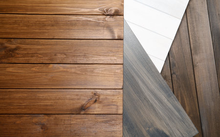 Different wooden surfaces for photography, flat lay. Stylish photo backgroundの写真素材
