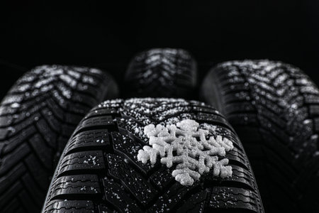 Set of new winter tires on black background, closeupの写真素材