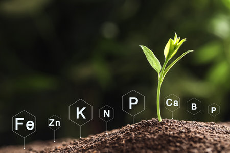 mineral fertilizer. Young seedling growing in soil, closeupの写真素材