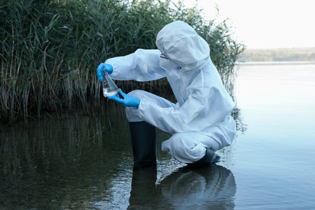 Scientist in chemical protective suit with conical flask taking sample from river for analysis