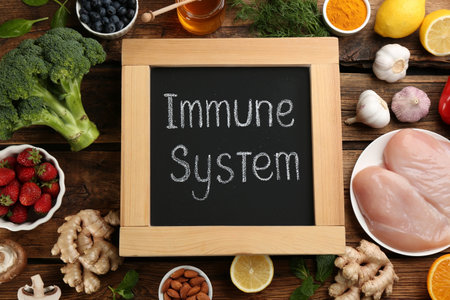 Chalkboard with phrase Immune System and fresh products on wooden table, flat layの写真素材