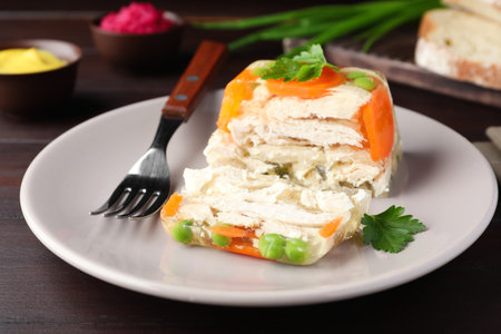 Delicious chicken aspic served on wooden table, closeupの写真素材