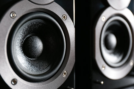 Modern powerful audio speakers as background, closeupの写真素材