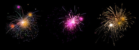 Beautiful bright fireworks on black background, collage. Illustrationの写真素材