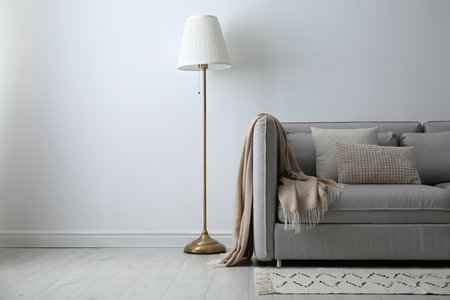 Gray sofa with pillows near white wall in stylish living room interiorの写真素材