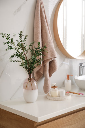 Vase with beautiful branches and toiletries on countertop in bathroom. interior designの写真素材