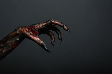 Scary monster on black background, closeup of hand with space for text. halloween characterの写真素材