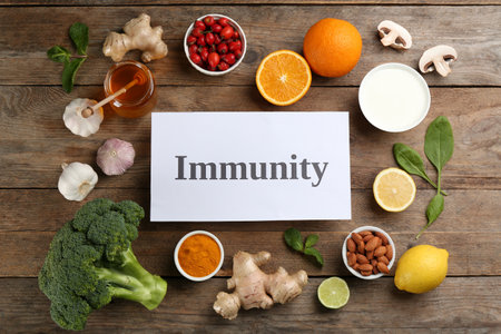 Card with word Immunity and fresh products on wooden table, flat layの写真素材