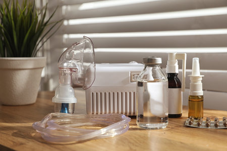 Modern nebulizer with face mask and medications on wooden table indoors. Inhalation equipmentの写真素材