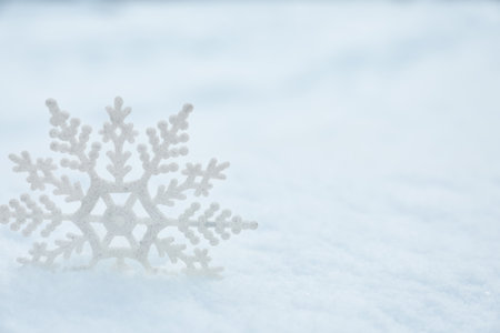 Beautiful decorative snowflake in white snow, outdoors. Space for textの写真素材