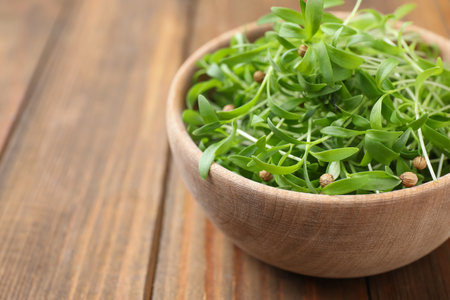 Bowl with fresh microgreens on wooden table, closeup. Space for textの写真素材