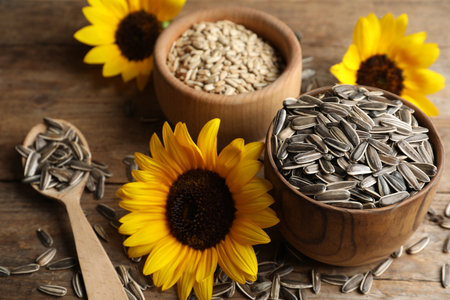 Organic sunflower seeds and flowers on wooden tableの写真素材
