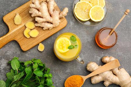 Flat lay composition with immunity boosting drink and ingredients on gray table