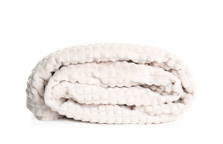 Stylish soft beige plaid on white backgroundの写真素材