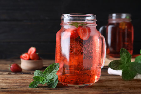 Delicious strawberry lemonade made with soda water and fresh mint on wooden tableの写真素材