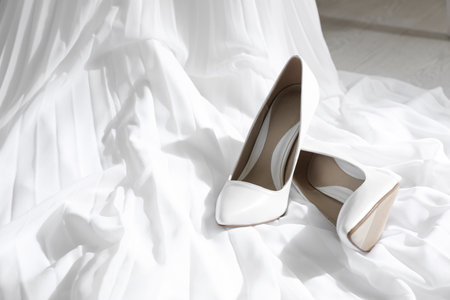 Pair of wedding high heel shoes on white fabricの写真素材