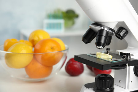 Slide with slice of lemon on microscope in laboratory, space for text. Poison detectionの写真素材