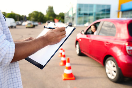 Instructor with clipboard near car outdoors, closeup. driving school examの写真素材