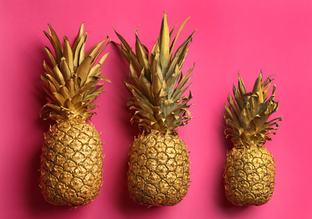 Painted golden pineapples on pink background, flat lay. creative conceptの写真素材