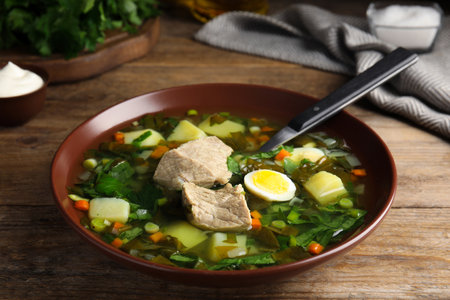 Delicious sorrel soup with meat and egg served on wooden tableの写真素材