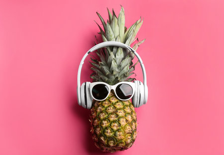 Pineapple with sunglasses and headphones on pink background, top view. creative conceptの写真素材