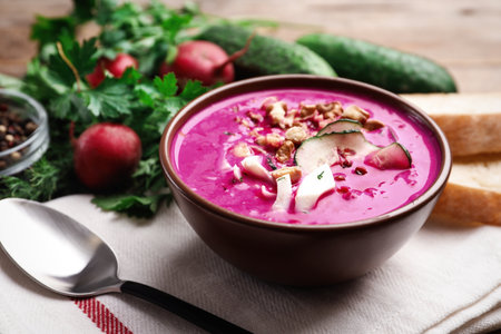 Delicious cold summer beet soup on tableの写真素材