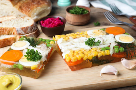 Delicious fish aspic served on wooden board, closeup