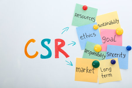 Scheme with abbreviation CSR and its components written on magnetic whiteboard. corporate social...
