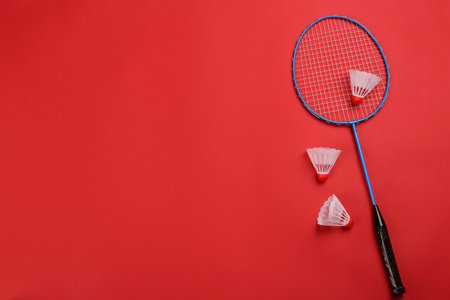 Racket and shuttlecocks on red background, flat lay with space for text. badminton equipmentの写真素材