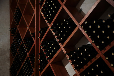Many bottles of wine on shelves in cellarの写真素材
