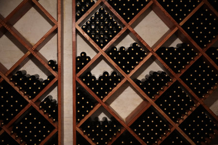 Many bottles of wine on shelves in cellar