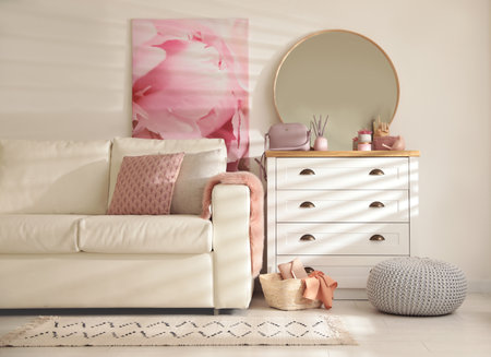 Trendy round mirror in modern room interiorの写真素材