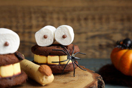 Delicious desserts decorated as monsters on stump, closeup. Halloween treatmentの写真素材