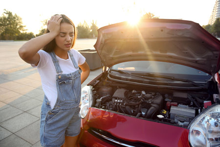 Stressed pregnant woman standing near broken car on city street