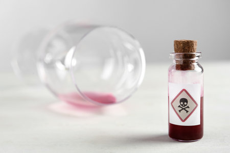 Vial of poison and partially emptied glass on light backgroundの写真素材