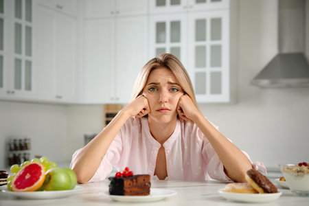 Woman choosing between sweets and healthy food at white table in kitchenの写真素材
