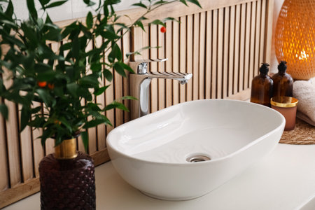 Vase with beautiful branches and candles near vessel sink in bathroom. interior designの写真素材