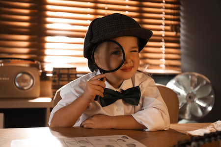 Cute little detective with magnifying glass at table in officeの写真素材