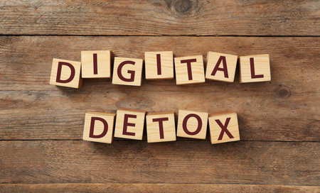 Cubes with words DIGITAL DETOX on wooden background, flat layの写真素材