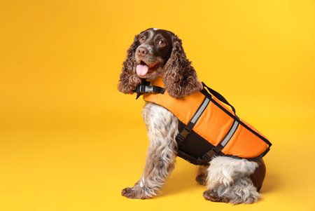 Dog rescuer in life vest on yellow backgroundの写真素材
