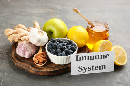 Card with phrase Immune System and fresh products on gray backgroundの写真素材