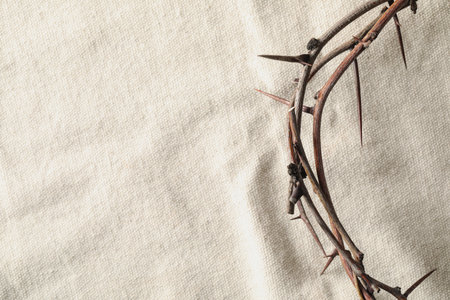 Crown of thorns on white fabric, top view with space for text. Easter attributeの写真素材
