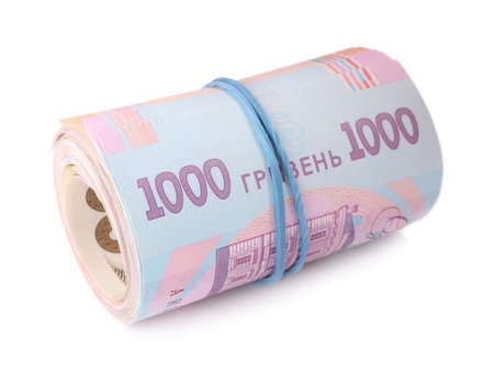 Roll of Ukrainian money on white backgroundの写真素材