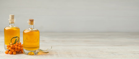 Natural sea buckthorn oil and fresh berries on white wooden table, space for text. banner designの写真素材