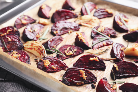 Roasted beetroot slices in baking dish, closeupの写真素材