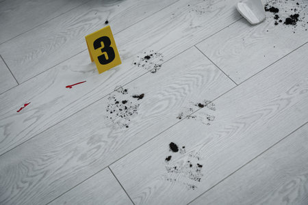 Footprints on wooden floor. Evidence at crime sceneの写真素材