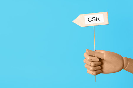 Wooden mannequin holding sign with abbreviation CSR on light blue background, closeup. corporate social responsibilityの写真素材
