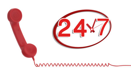24/7 hotline service. Red handset on white background, banner design
